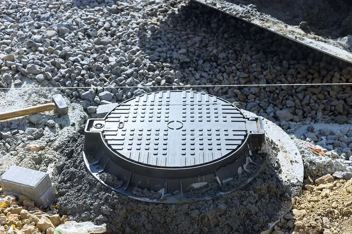 A manhole cover set into a concrete slab, showcasing its circular design and surrounding surface texture.